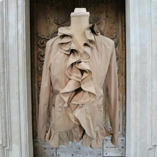Oviesse-Venezia Select Ruffle Jacket Sz 10 Beige Raincoat Pockets Made in Italy