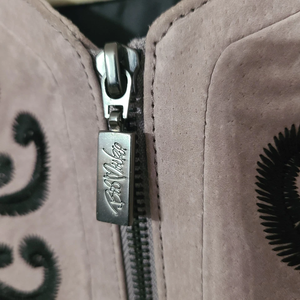  1X Bob Mackie Suéter Manga Chaqueta Gris Beige Gamuza Cuero Bordado Cremallera Foto 3 de 4