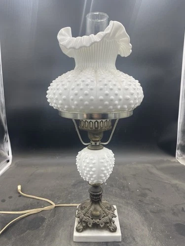 Vintage Fenton Hobnail Milk Glass Ruffled Student Lamp On Marble Base 21” Works!