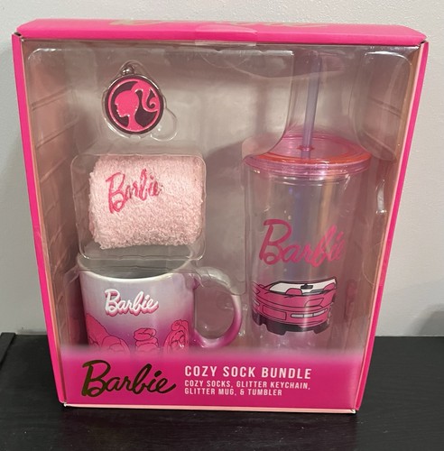 New Unopened Barbie Cozy Sock Bundle, Glitter Key Chain, Mug And Tumbler W/straw - Picture 1 of 5