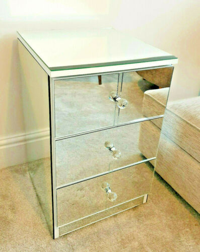 Mirrored Glass Bedside Table Cabinet 3 Drawer Chest Crystal Handles Handmade UK - Picture 12 of 12