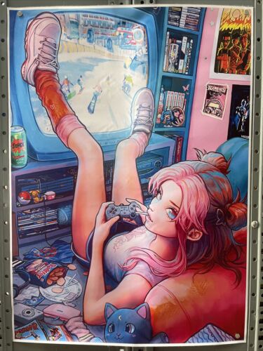 NOWY Super Cool Pink Hair Gamer Girl Plakat 19,6'X27,5' Pokój nastolatków KG - Zdjęcie 1 z 10