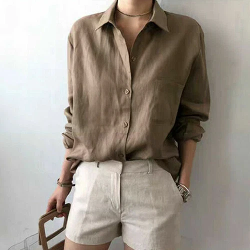 Mujeres Verano Lino Algodón Botones Blusa Prendas para el torso Informal Cuello Mangas Largas Camisa - Imagen 3 de 9