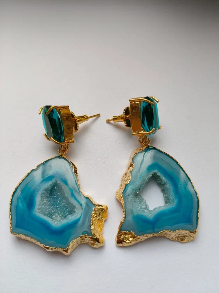 Druzy Slice Earring, Hydro Blue Quartz Earring, Geode Fashion Jewelry, Gold Edge - Image 3 of 4