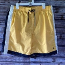 Nautica Men's Swim Trunks Size L Yellow Blue White Pockets Logo Mesh Lining