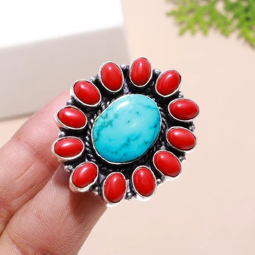 Turquoise , Red Coral Gemstone Handmade 925 Sterling Silver Ring For Anniversary