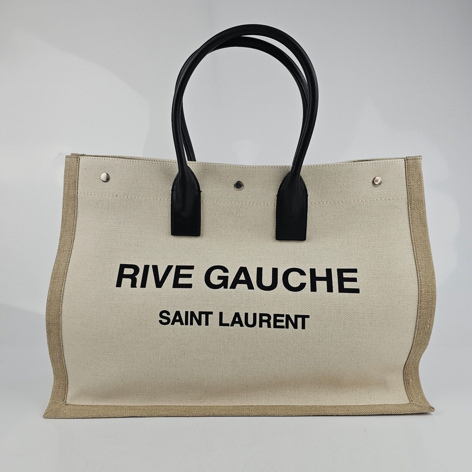 Saint Laurent Rive Gauche Medium White And Gray Linen Tote Bag New