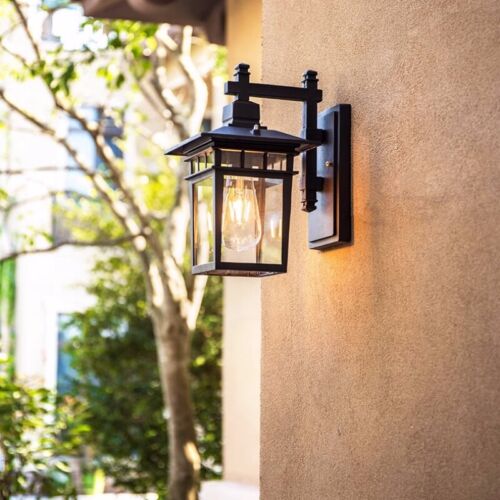 Garden Wall Lamps Hotel Outdoor Wall Light Glass Wall Sconce Black Wall Lighting - Picture 1 of 13