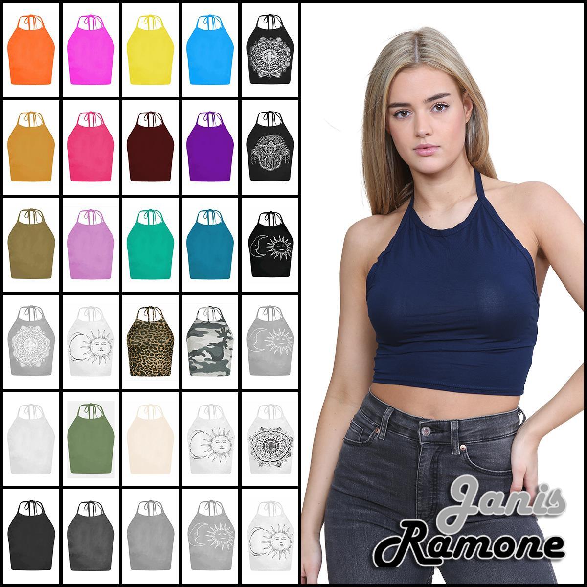 Halter Neck Crop Top Womens Vest Top Plain Tie Knot Top Basic