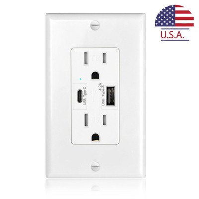 Electrical USB-A USB-C Wall Socket Plug 15A 125Volt Duplex Receptacle with Panel
