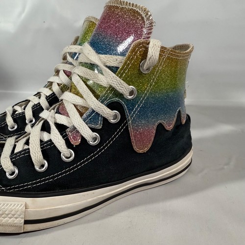 Converse Chuck Taylor High Top Black Glitter Rainbow Drip Shoes Sneakers Size 4 - Picture 3 of 8