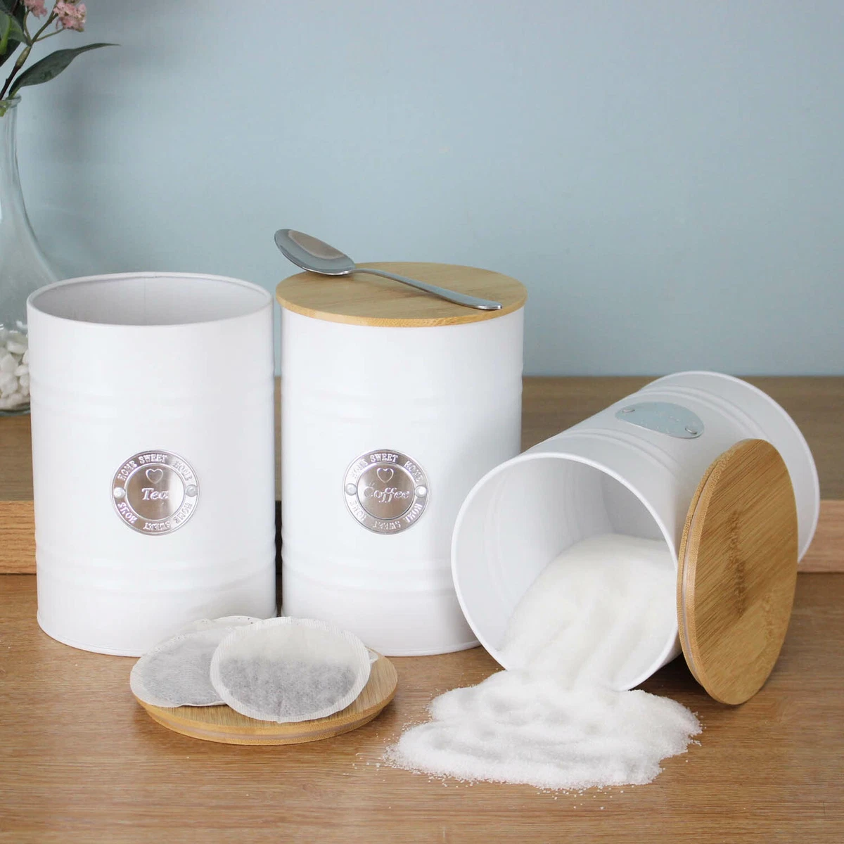 3Pc White Tea Coffee Sugar Storage Canister Set Wooden Lid Kitchen