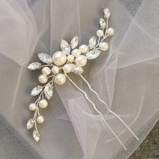Pearl Bride Wedding Hair Pin Silver Crystal Hair Piece Bridal Hair Accessorie...