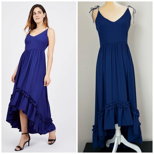 Belle Badgley Mischka Hi Low Rüschen Midikleid Größe 4 royalblau Schulter zum Binden - Bild 1 von 12