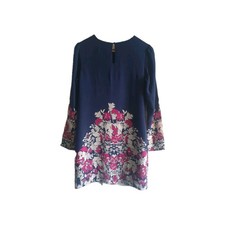 Warehouse Navy Blue Silk Pink Floral Tunic 3/4 length sleeve Dress Size 12