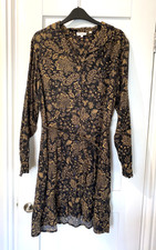 FAT FACE Black Gold Floral Print Cotton Blend Shirt Dress Top Pockets Belt UK 12