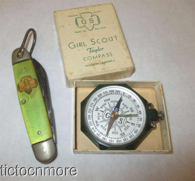 VINTAGE GIRL SCOUTS of AMERICA GSA TAYLOR BAKELITE COMPASS & POCKET KNIFE