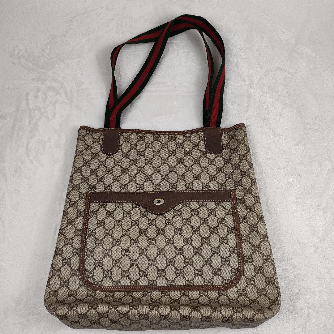 GUCCI Vintage Sherry Line Tote Bag Beige Brown PVC Leather 35cm EX thumbnail 8