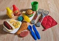 Lot Of Kids Play Food  Dishes Grill Set Burger Hot Dog Veggies Chips Plates 