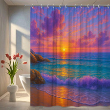 Sunset Beach Shower Curtain, Colorful Ocean Wave Design