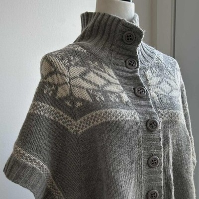 Soaked in Luxury Grey Fair Isle Wool-Blend Button Poncho w/ Ribbed Collar   US M