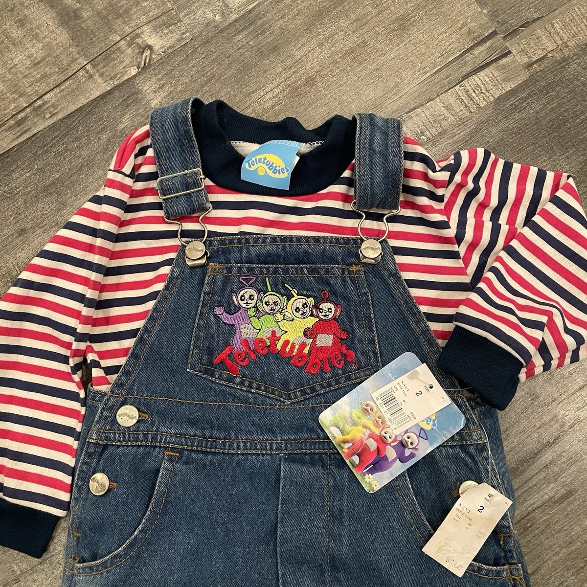 ト*ラ様 ヴィンテージ　テレタビーズ　オーバーオール Teletubbies Vintage 1990s Kids 2T Denim Overalls & Striped Shirt