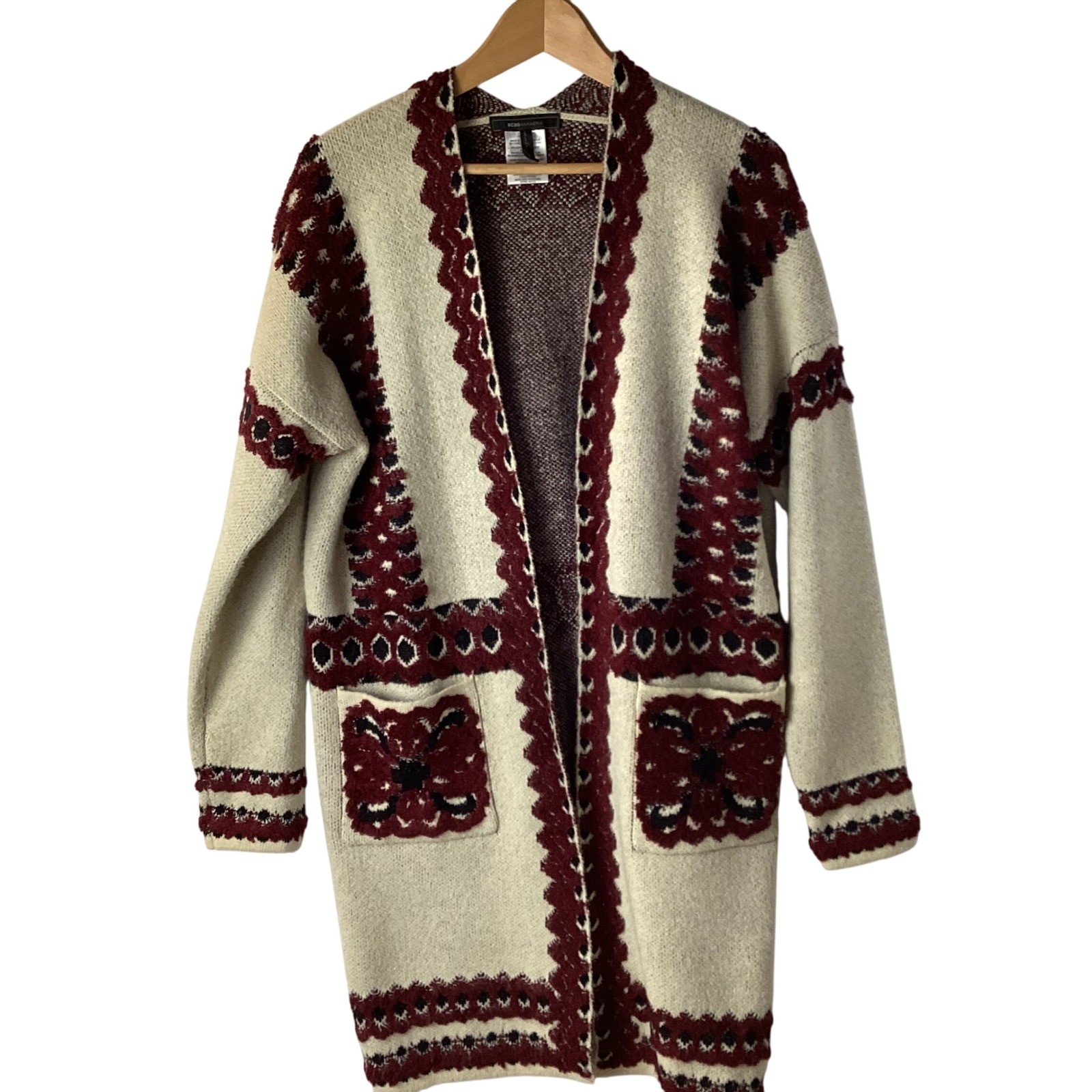BCBGMAXAZRIA Beige Burgundy Intarsia Knit Open Front Long Cardigan Sweater M