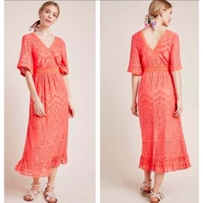 Farm Rio Anthropologie Maxi Dress Womens L Coral Lace Boho Tropical Whimsigoth