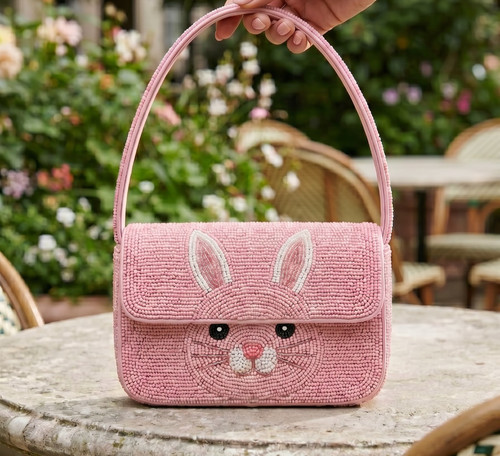 Pink Beaded Bunny Shoulder Bag Cute Animal Novelty Flap Handbag Purse Kawaii