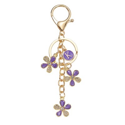 Initial Letter Flower Keychain, Cute Alphabet K Cherry Blossom Keyring, Purple