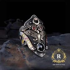 Relief Eagle,Archer Engraving,Black Zircon Stone,925 K Silver Men's Thumb Ring