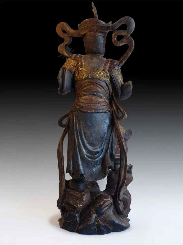 Antigua estatua china de madera de alcanfor guerrero deva rey Lokapala Buda 28”H 魔礼海 Foto 4 de 4