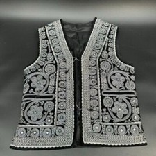 Vintage Waistcoat Afghan Hand Embroidered Mirror Details Black Silver Size 40 Me