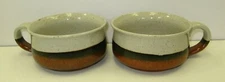 Pair 2 Handmade Stoneware Pottery Bowls Handle Brown & White Stripes Unsigned