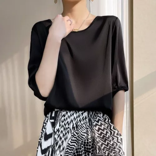Damen Elegant Satin 3/4 Ärmel Seide Tops Rundhals Bluse T-Shirt Locker Freizeit - Bild 20 von 30
