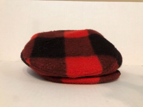 VTG Polar Fleece Beret Hat Cabbie Large Red/Black Buffalo Plaid Malden Mills - Picture 1 of 5