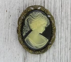 VINTAGE CAMEO BROOCH PIN BRASS TONE RESIN COSTUME JEWELRY RETRO 1.5 X 2"