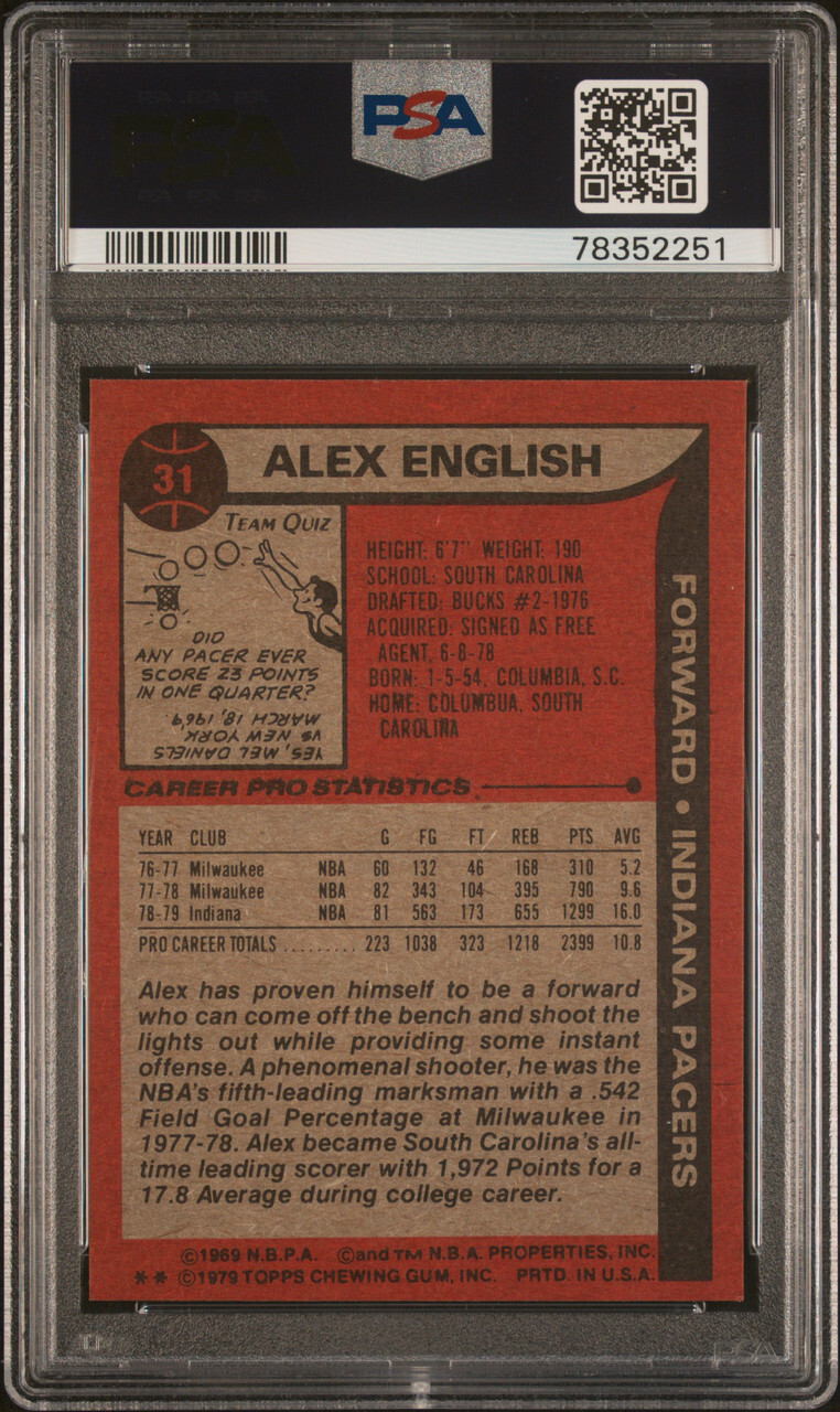 1979 TOPPS 31 ALEX ENGLISH RC PACERS HOF PSA AUTHENTIC DNA AUTO 10