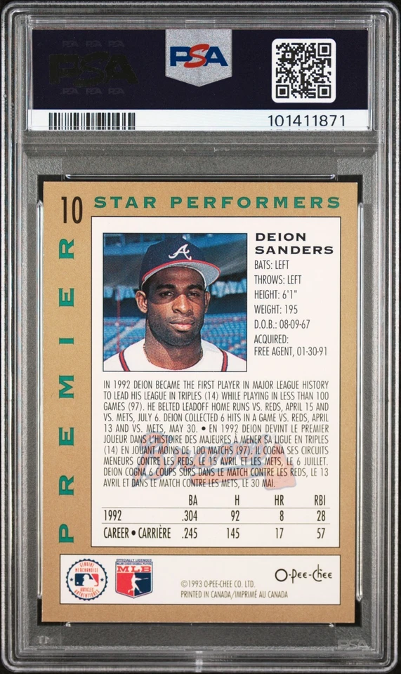 1993 O-Pee-Chee Premier Star Performers Foil Deion Sanders #10 PSA 9 MINT pop 1 - Image 2 of 2