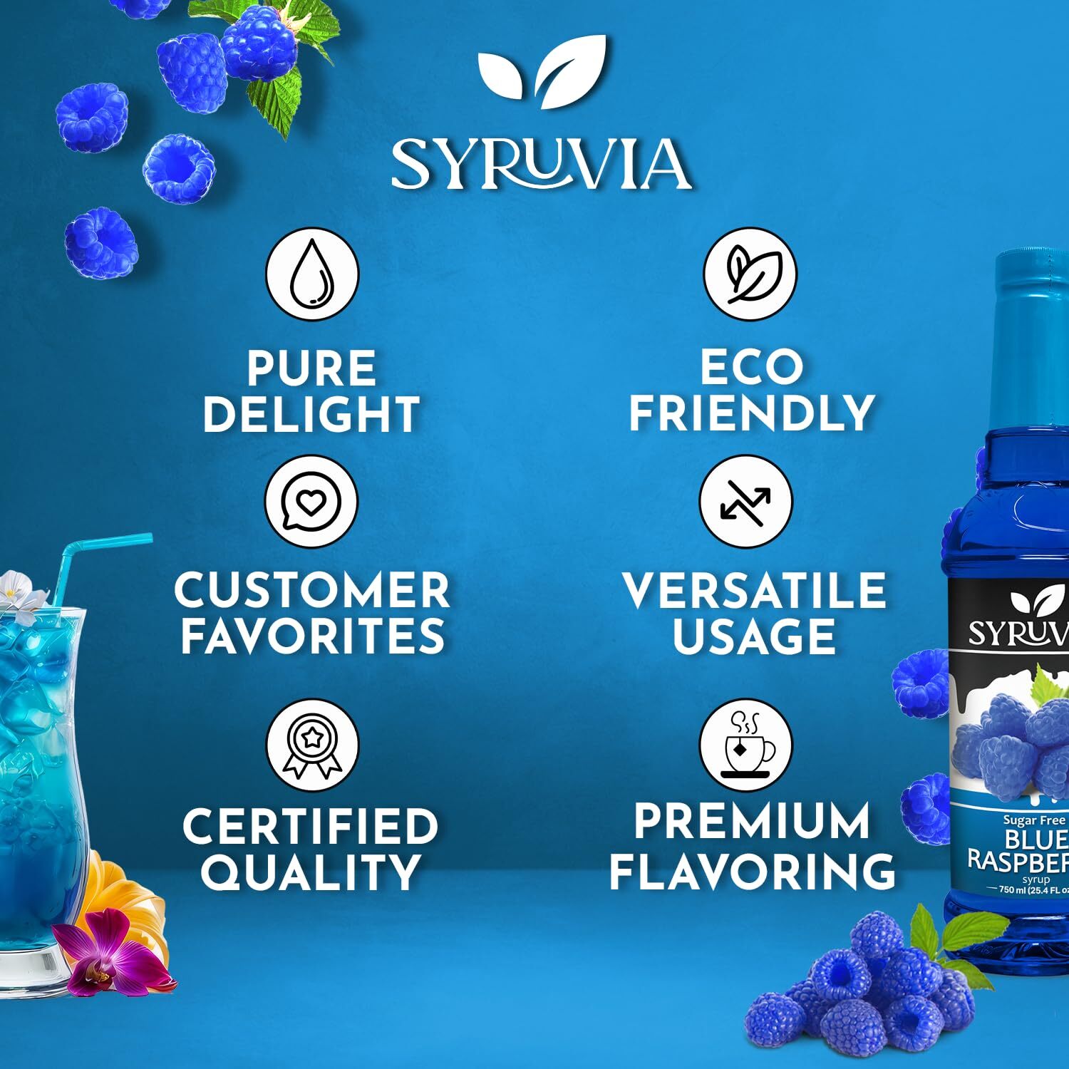 Syruvia Sugar Free Blue Raspberry Syrup 25.4 fl oz, for Drinks, Shakes & More