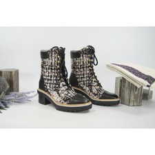 Tory Burch Miller 60 Mm Lug Sole Striped Tweed BOOTIES Combat BOOTS 10 for sale online | eBay