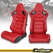 Universal Reclinable Racing Seats 2PC + Double Sliders Red PU Carbon Leather