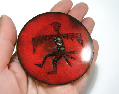 Vintage MCM Native Folk Art Bird Dancer / Icarus Enamel on Copper 3'' Small Dish