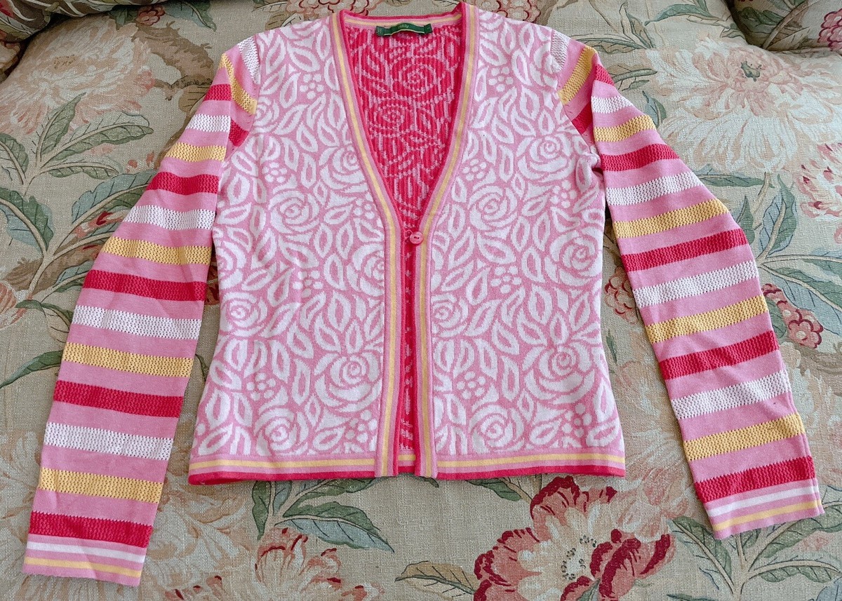 OILILY Pink Striped Sweater Cardigan with Floral Design, S/Small