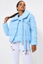 Uk S/m I Saw It First Blue Puffer Padded Jacket Coat Tied Front Crop Big Collar