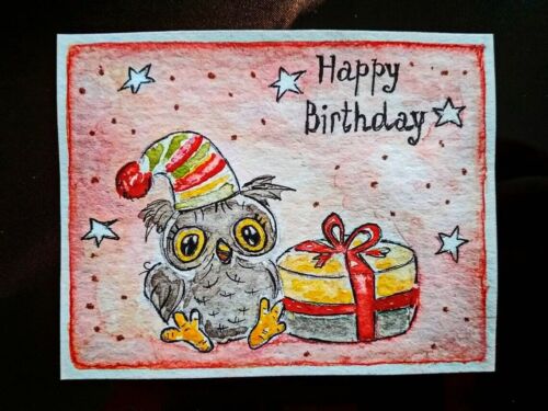 ACEO Original art Owl Happy Birthday painting Small artwork 2.5 x 3.5 inches - Photo 1 sur 5