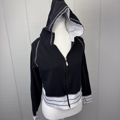 G.W. Sport Y2K Activewear Black Zip Up Hoodie White Trim Boarder Cropped