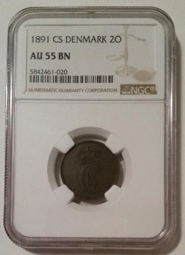 Denmark Christian IX 1891 CS 2 Ore AU55 BN NGC