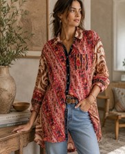 Soft Surroundings Mixed Print Boho Tunic Shirt Velvet Silk Trim Paisley 2AA99