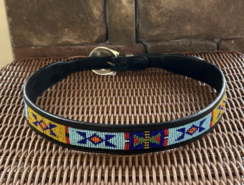 DOS AMIGOS Beaded Belt Black Leather 32 33 Colorful Western Boho Southwestern